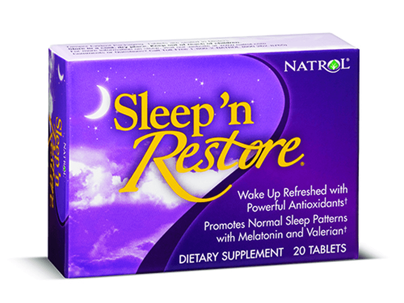 Natrol Sleep ‘N Restore 20-tablet package on white background