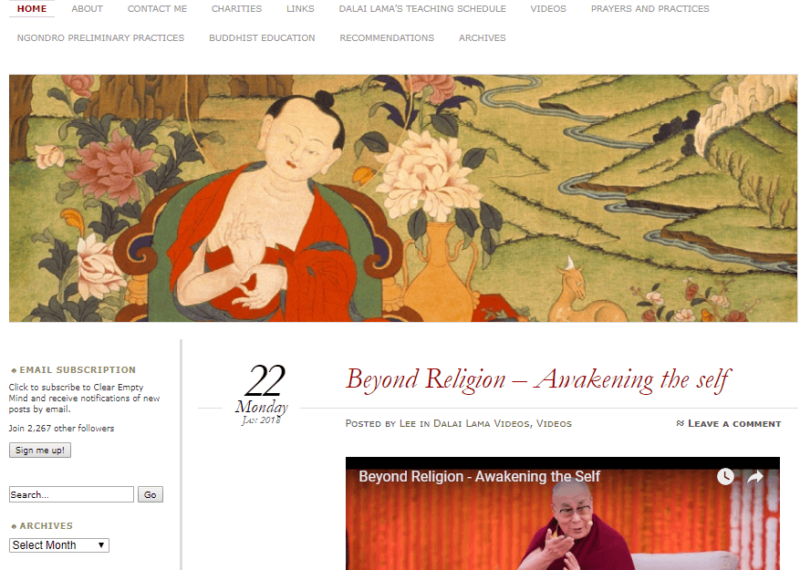 Landing page of Buddhism blog A Clear and Empty Blog