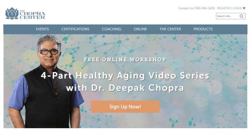 The Chopra Center's landing page, with Deepak Chopra's picture