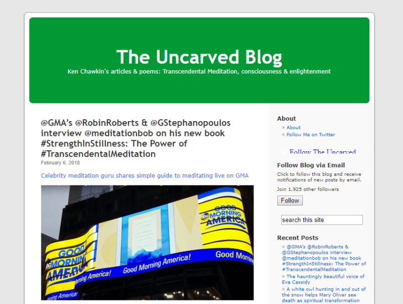 Landing page of transcendental meditation site The Uncarved Blog