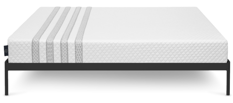 Leesa Sapira mattress with black bed frame on white background